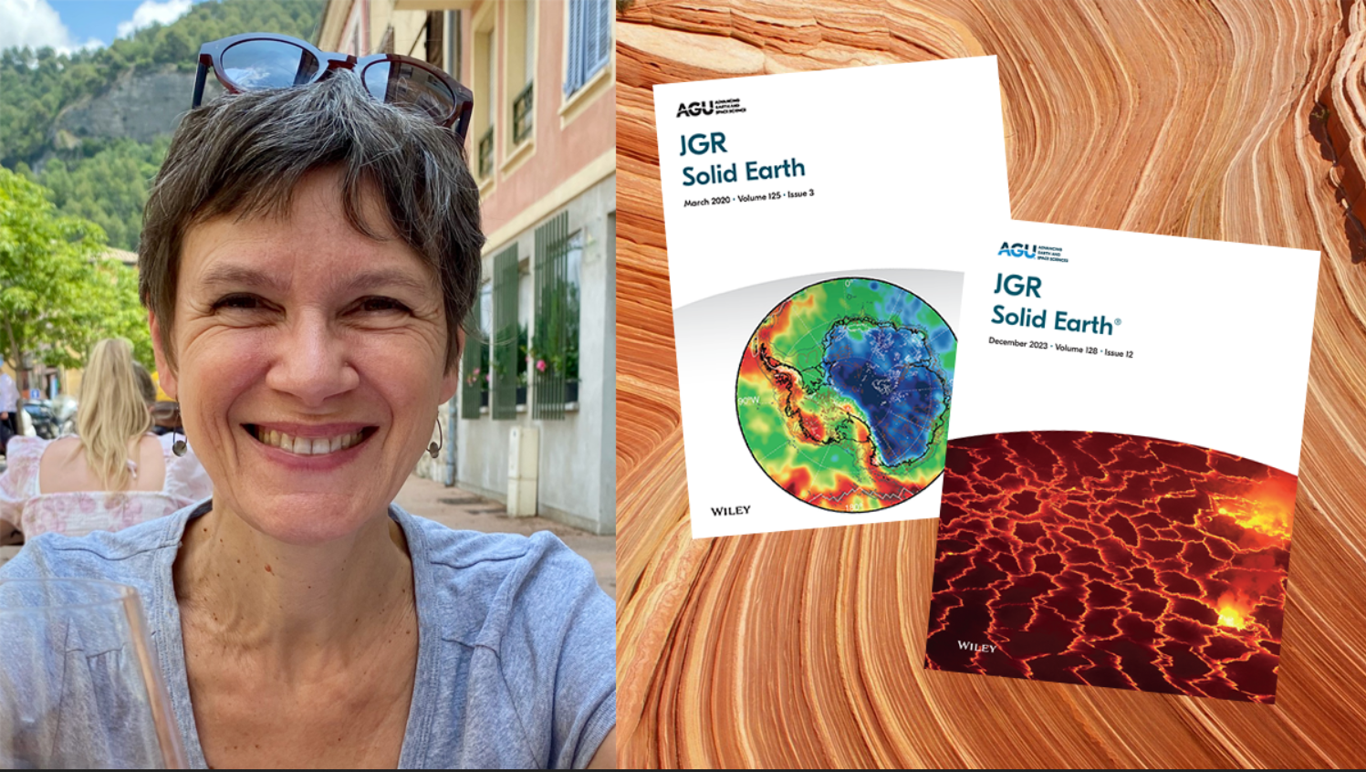 Isabelle Manighetti is the outgoing Editor-in-Chief of JGR: Solid Earth. The journal covers are from the March 2020 and December 2023 issues. Background photo credit: Steve Arrington, Unsplash